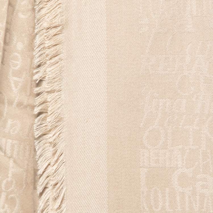 Pre Owned CH Carolina Herrera Beige Logo Font Pattern Silk & Wool Shawl