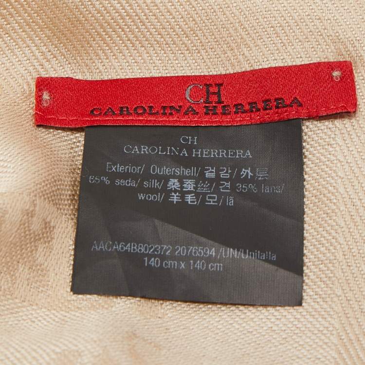 Pre Owned CH Carolina Herrera Beige Logo Font Pattern Silk & Wool Shawl