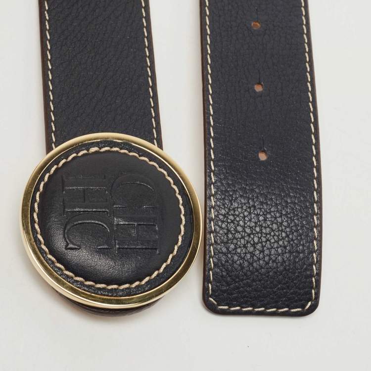 Pre Owned CH Carolina Herrera Midnight Blue Logo Buckle Leather Belt 80cm