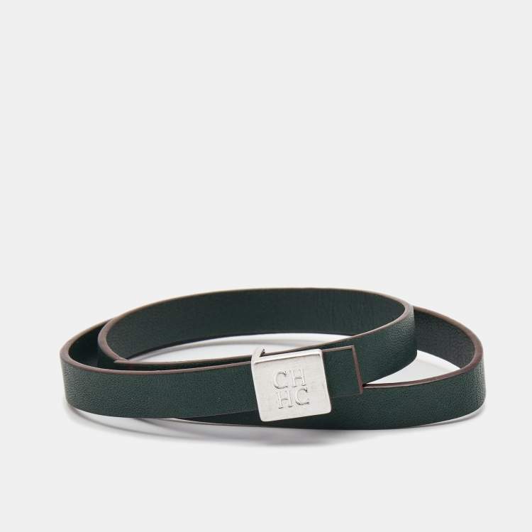Pre Owned Carolina Herrera CH Leather Silver Tone Wrap Bracelet