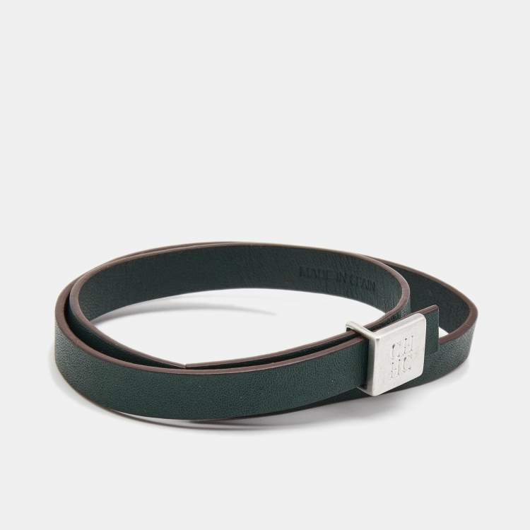 Pre Owned Carolina Herrera CH Leather Silver Tone Wrap Bracelet