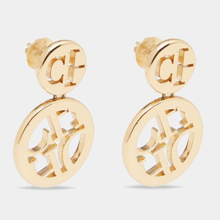 Pre Owned CH Carolina Herrera Gold Tone Logo Initials Dots Drop Earrings