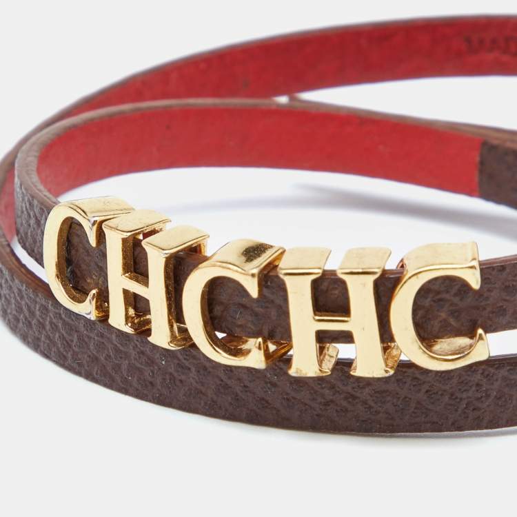Pre Owned CH Carolina Herrera Brown Leather Double Wrap Bracelet