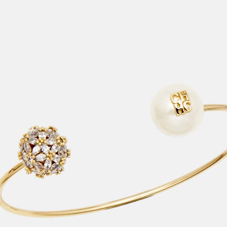 Pre Owned CH Carolina Herrera CH Crystals Faux Pearl Gold Tone Bracelet