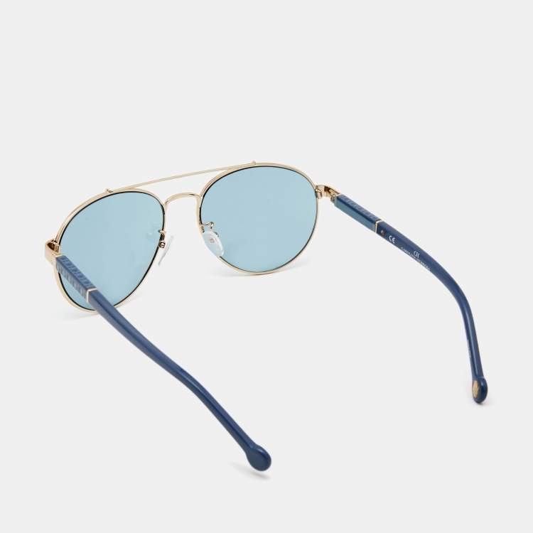 Pre Owned CH Carolina Herrera Gold Tone/Blue SHE088 Aviator Sunglasses