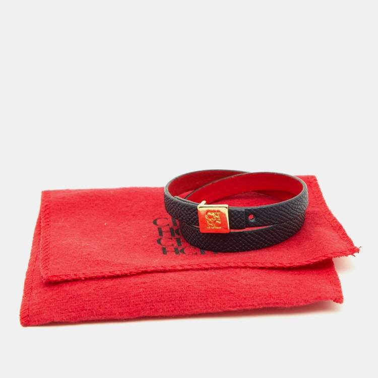 Pre Owned CH Carolina Herrera Black Leather Double Wrap Bracelet