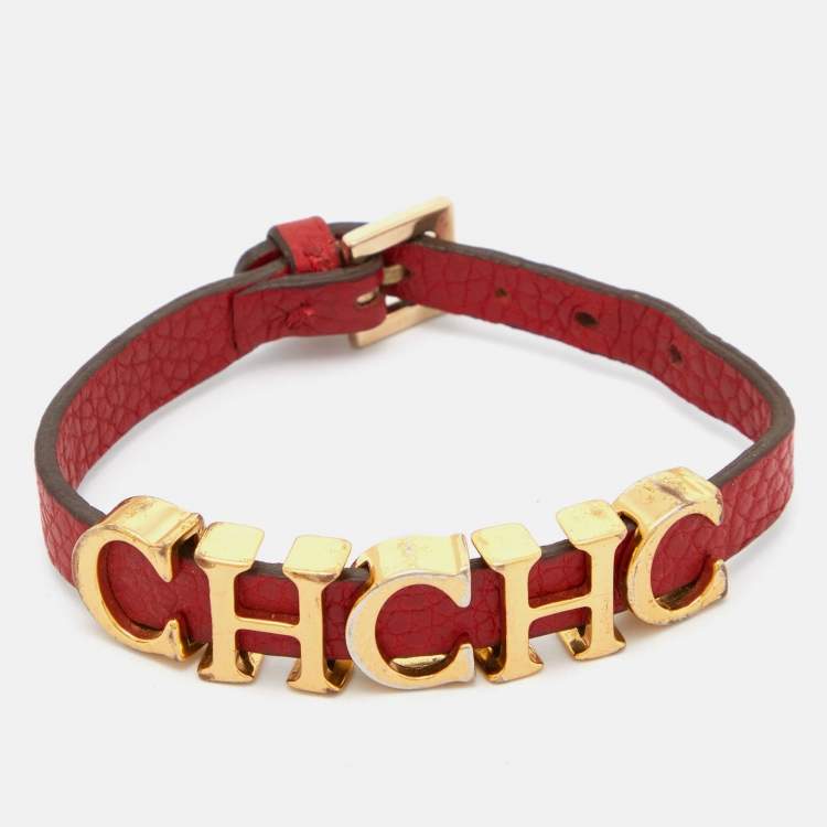 Pre Owned CH Carolina Herrera Red Leather Logo Wrap Bracelet