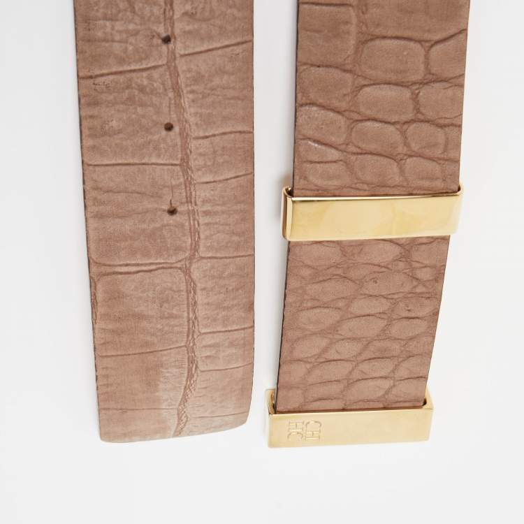 Pre Owned CH Carolina Herrera Beige Croc Embossed Leather Belt 80CM