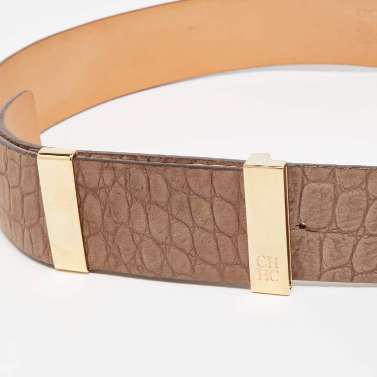 Pre Owned CH Carolina Herrera Beige Croc Embossed Leather Belt 80CM
