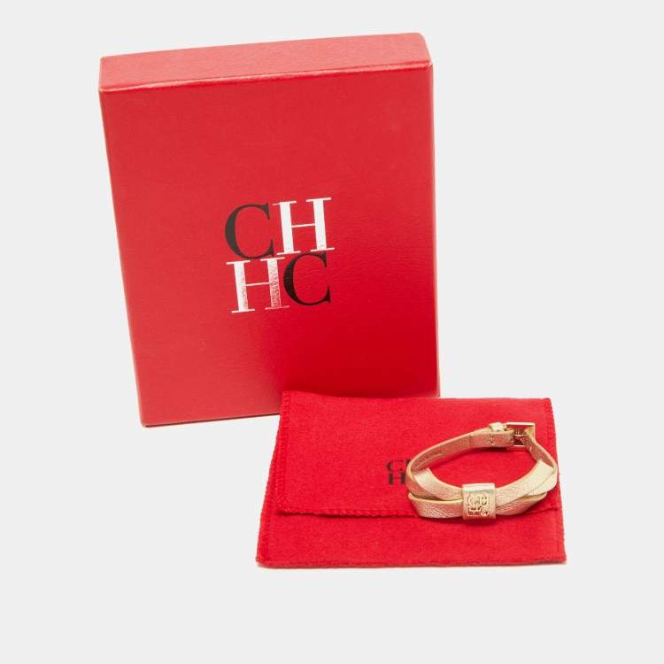 Pre Owned CH Carolina Herrera Gold Leather Logo Bow Bracelet