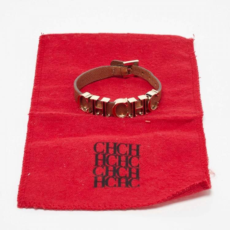Pre Owned CH Carolina Herrera Brown Enameled CH Logo Brown Leather Gold Tone Bracelet