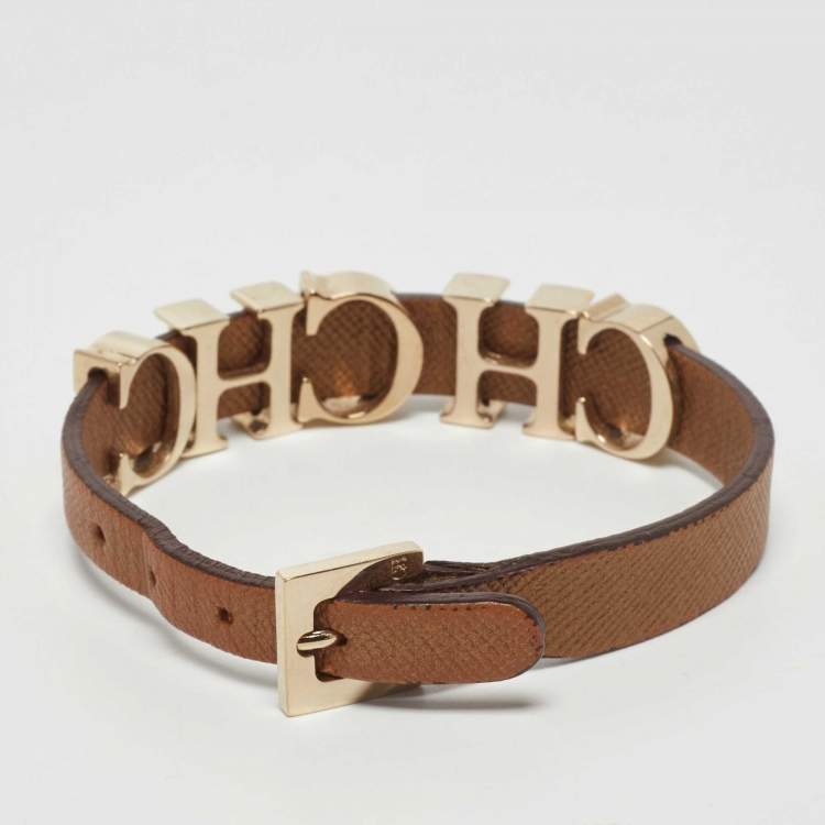 Pre Owned CH Carolina Herrera Brown Enameled CH Logo Brown Leather Gold Tone Bracelet