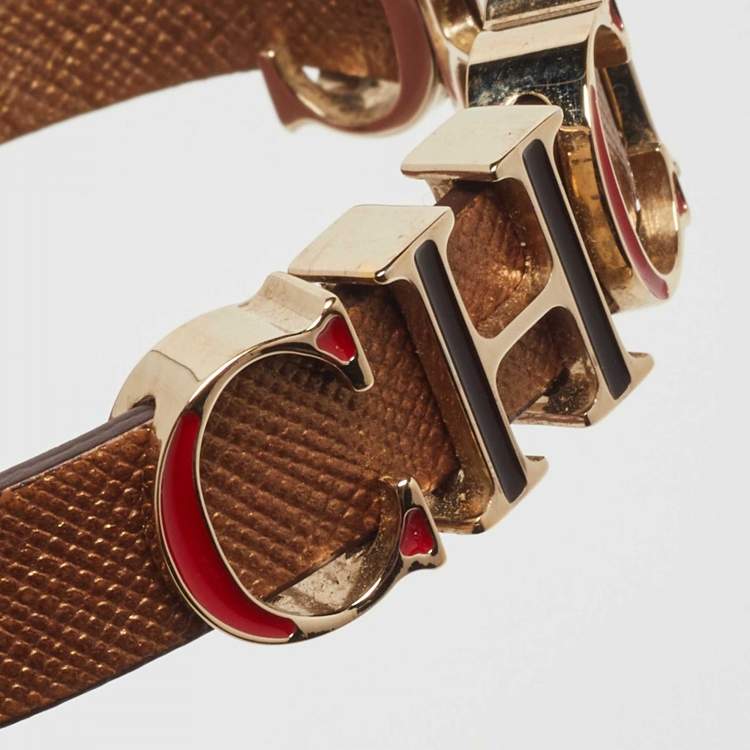 Pre Owned CH Carolina Herrera Brown Enameled CH Logo Brown Leather Gold Tone Bracelet