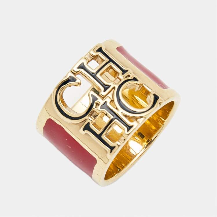 Pre Owned CH Carolina Herrera Logo Enamel Gold Tone Wide Band Ring Size 54