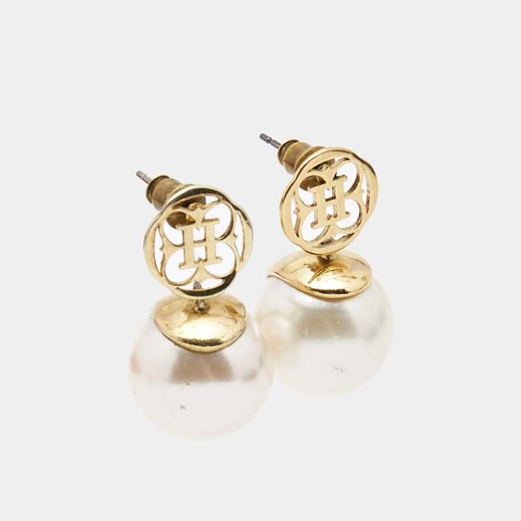 Pre Owned CH Carolina Herrera CH Faux Pearl Gold Tone Earrings and Necklace