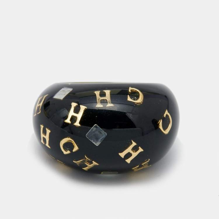 Pre Owned Carolina Herrera CH Black Resin Crystal Gold Tone Ring Size 54.5
