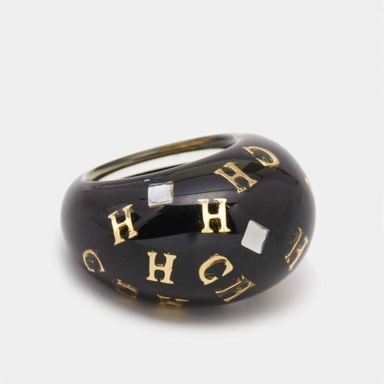 Pre Owned Carolina Herrera CH Black Resin Crystal Gold Tone Ring Size 54.5