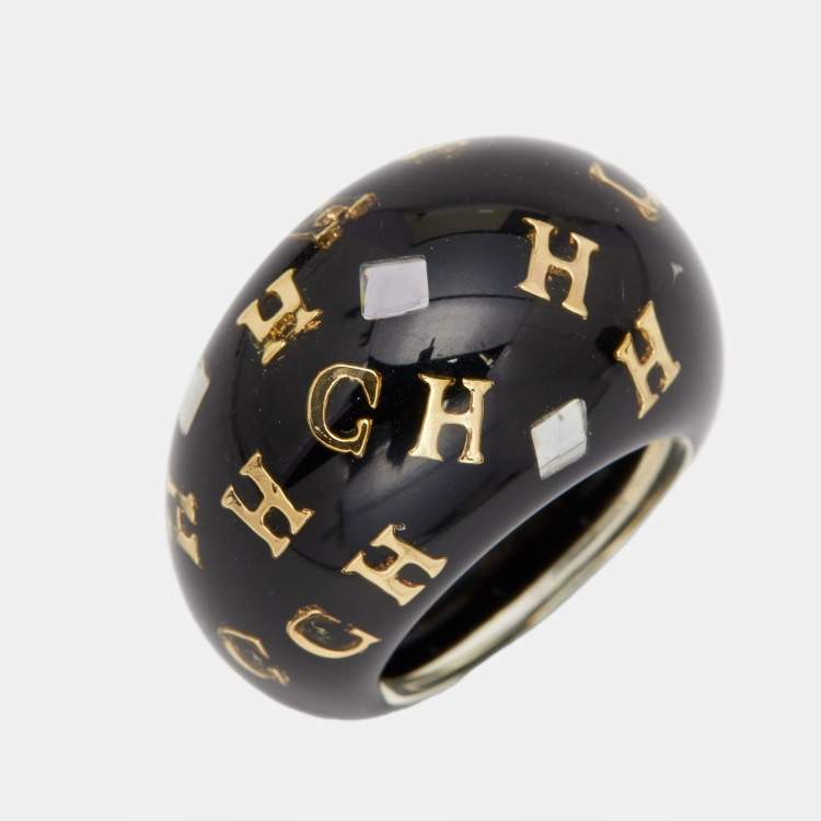 Pre Owned Carolina Herrera CH Black Resin Crystal Gold Tone Ring Size 54.5