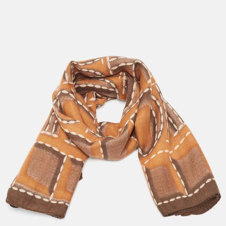 Pre Owned CH Carolina Herrera Brown Logo Print Cashmere Blend Scarf 