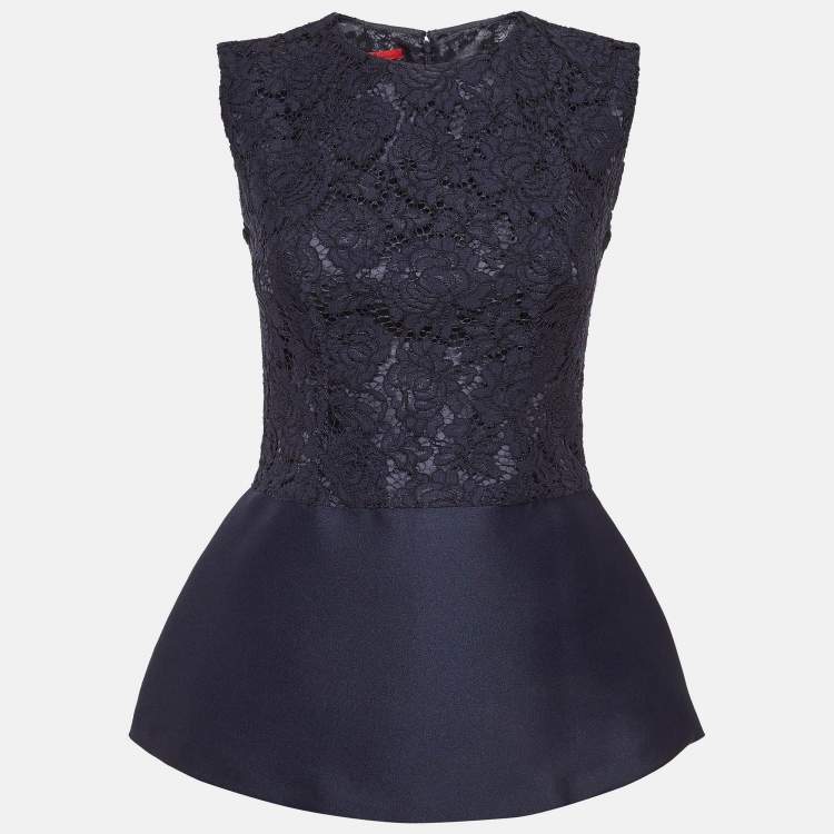 Pre Owned CH Carolina Herrera Blue Lace and Crepe Peplum Top S