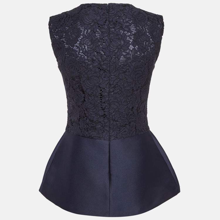 Pre Owned CH Carolina Herrera Blue Lace and Crepe Peplum Top S