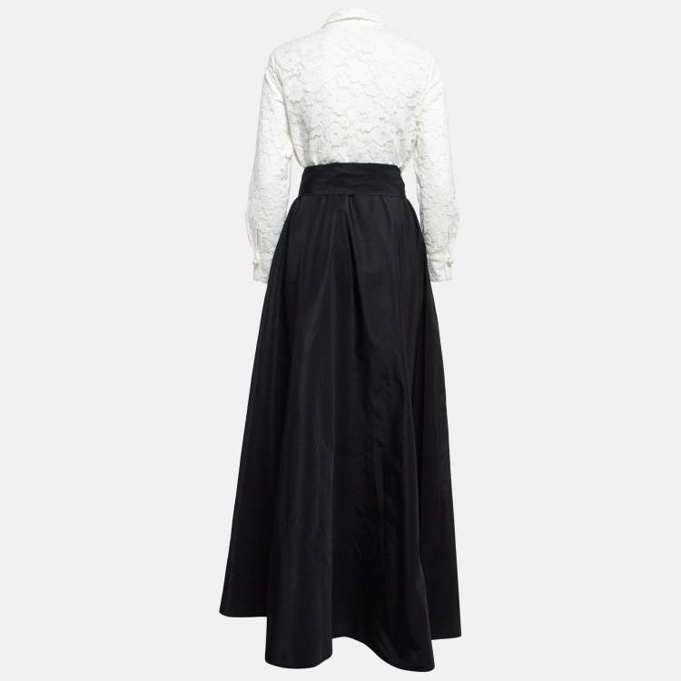 Pre Owned CH Carolina Herrera White/Black Lace Belted Maxi Dress M