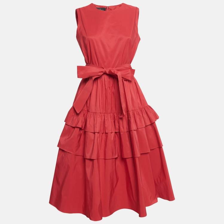 Pre Owned CH Carolina Herrera Red Synthetic Ruffled Sleeveless Midi Dress M