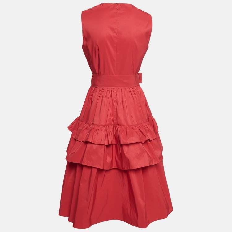 Pre Owned CH Carolina Herrera Red Synthetic Ruffled Sleeveless Midi Dress M