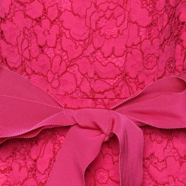 Pre Owned CH Carolina Herrera Pink Floral Lace Belted Midi Dress M