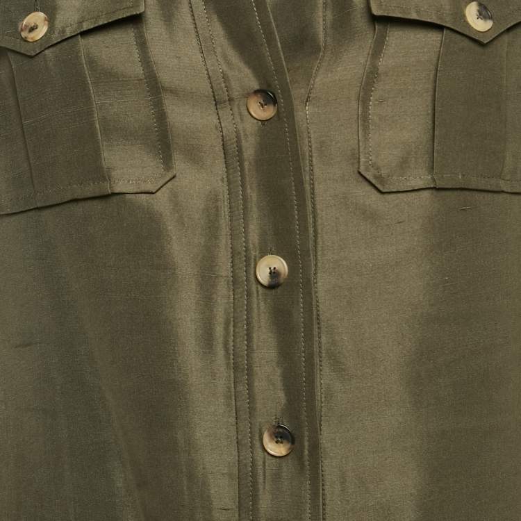 Pre Owned CH Carolina Herrera Olive Green Silk Front Buttoned Short Dress M