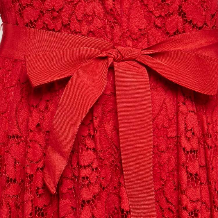 Pre Owned CH Carolina Herrera Red Floral Lace Buttoned Maxi Shirt Dress S