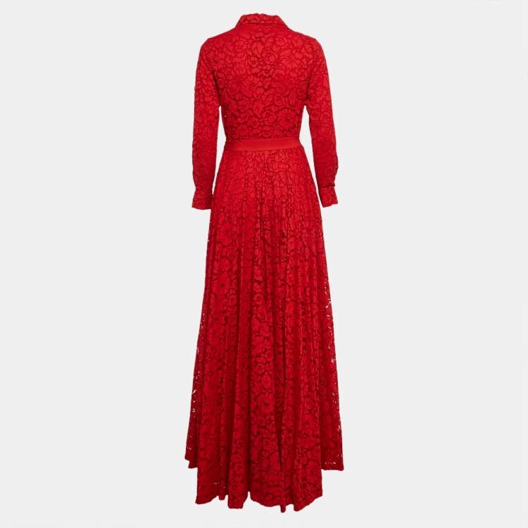 Pre Owned CH Carolina Herrera Red Floral Lace Buttoned Maxi Shirt Dress S
