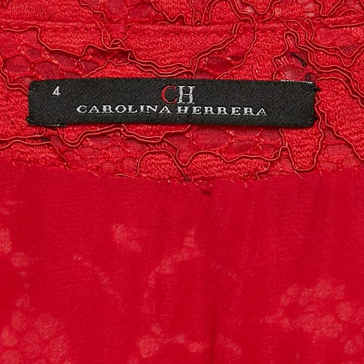Pre Owned CH Carolina Herrera Red Floral Lace Buttoned Maxi Shirt Dress S