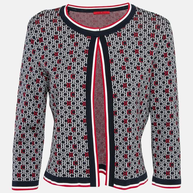 Pre Owned CH Carolina Herrera Navy Blue Monogram Knit Open Front Cardigan L