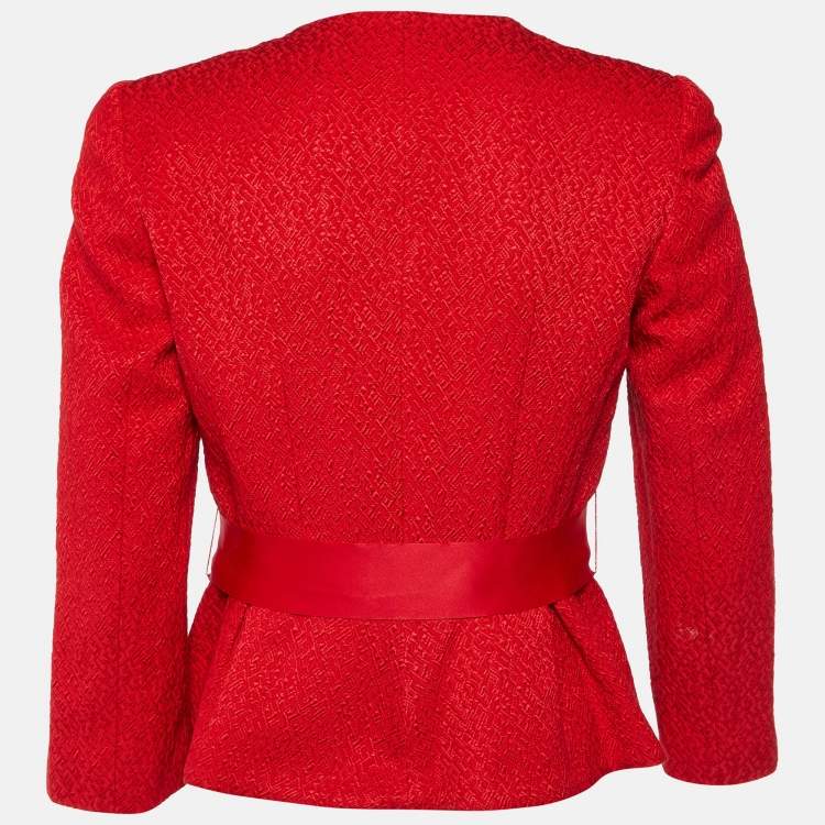 Pre Owned CH Carolina Herrera Red Embossed Jacquard Peplum Style Jacket M