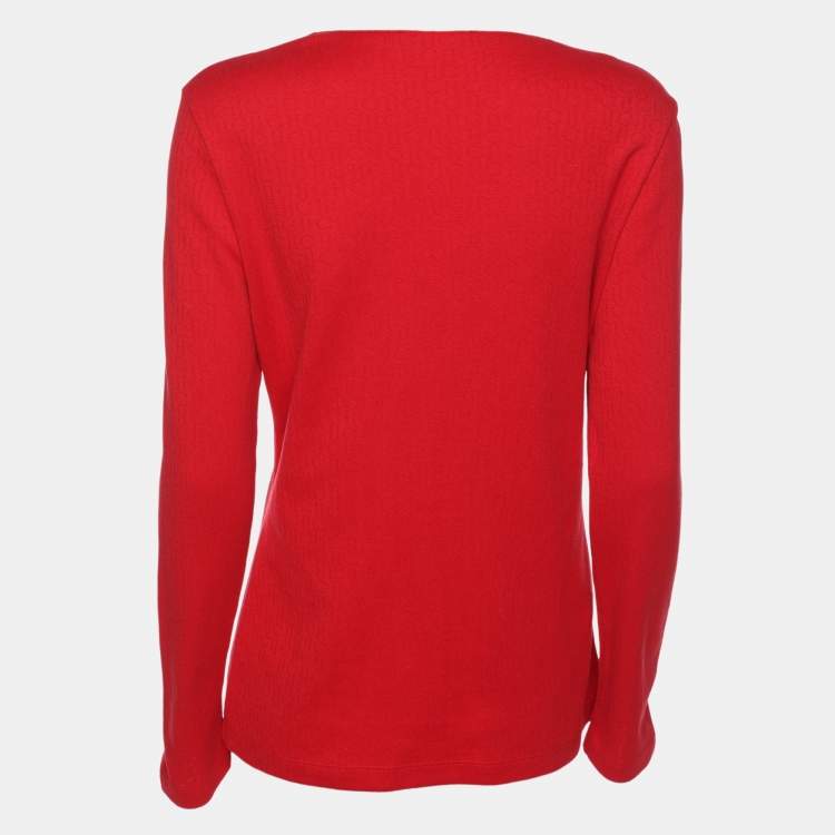 Pre Owned CH Carolina Herrera Red Cotton Colorblock Pattern V-Neck Top S