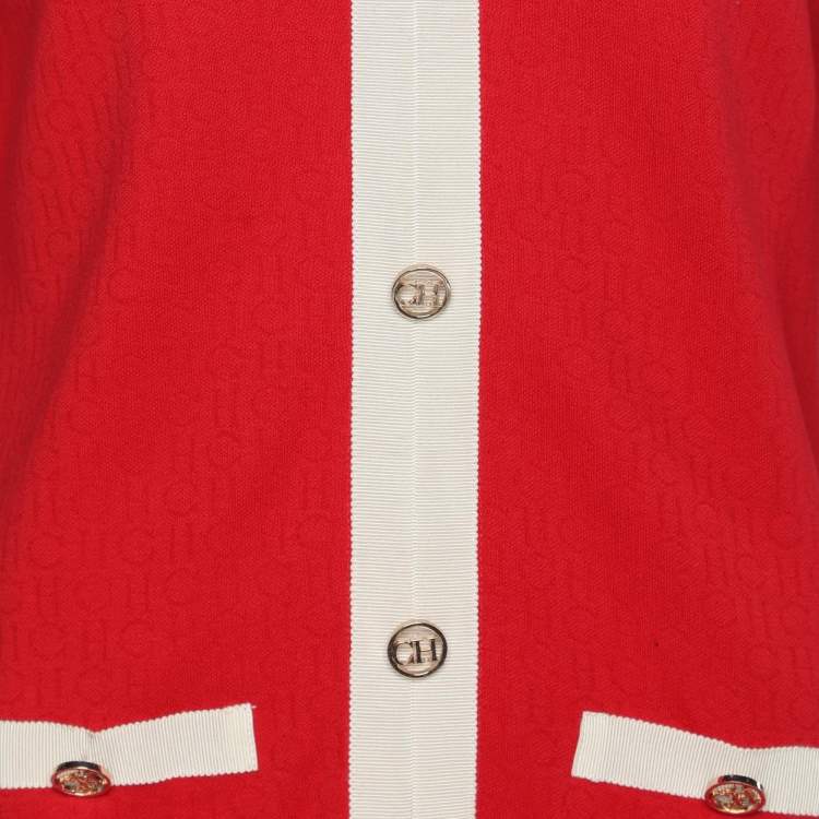 Pre Owned CH Carolina Herrera Red Cotton Colorblock Pattern V-Neck Top S
