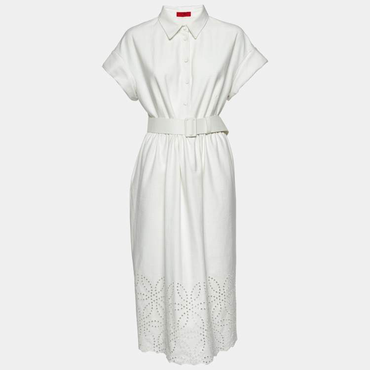 Pre Owned CH Carolina Herrera White Cotton Belted Midi Dress L