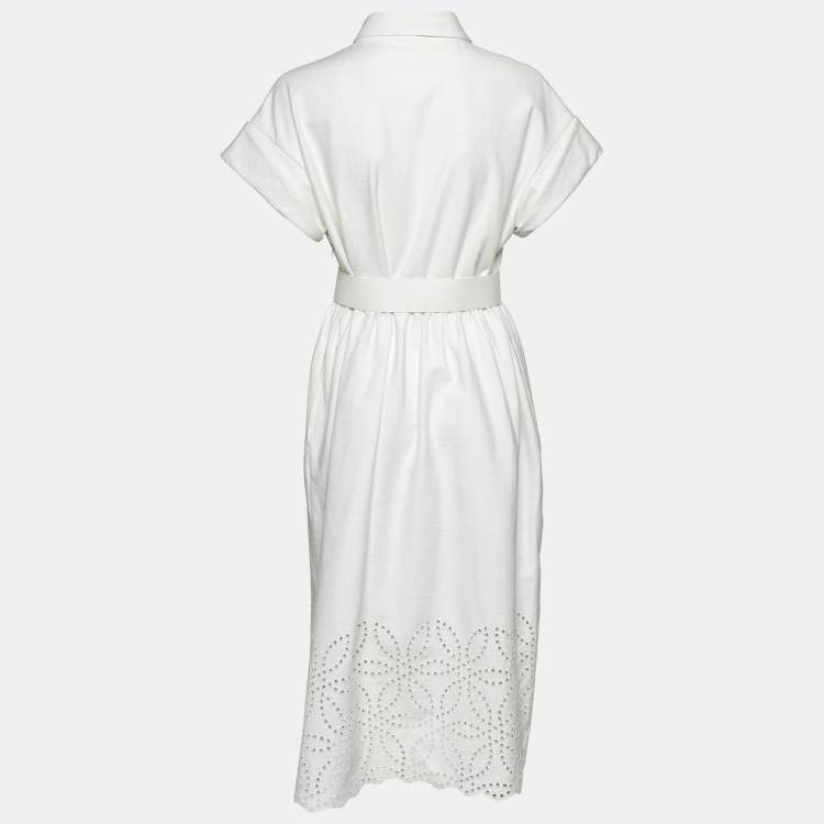 Pre Owned CH Carolina Herrera White Cotton Belted Midi Dress L