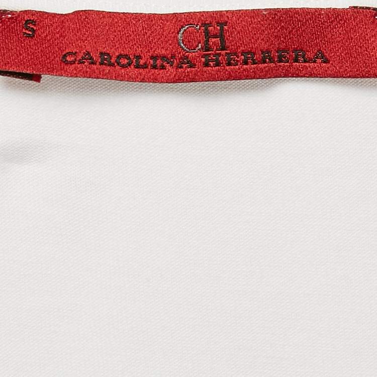 Pre Owned CH Carolina Herrera White/Blue Striped Cotton Bow Details T-Shirt S