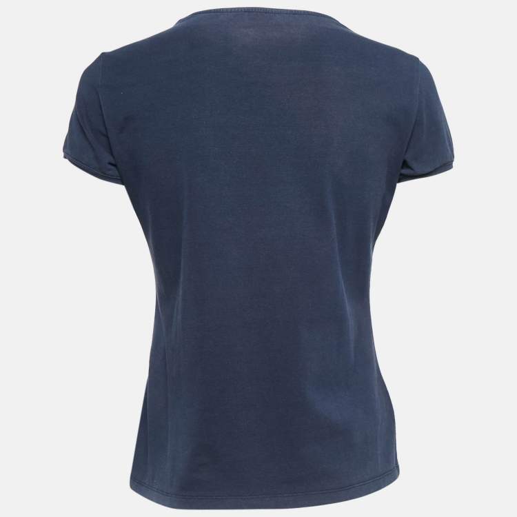 Pre Owned CH Carolina Herrera Navy Blue Logo Embroidered Cotton T-Shirt M 