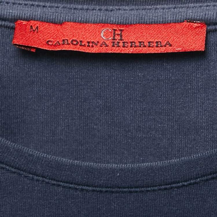 Pre Owned CH Carolina Herrera Navy Blue Logo Embroidered Cotton T-Shirt M 