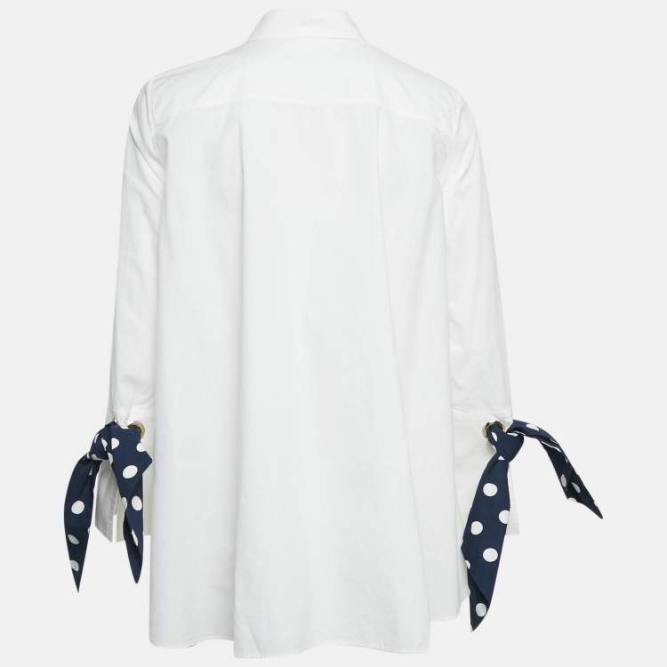 Pre Owned CH Carolina Herrera White Cotton Polka Dot Cuff Tie-Up Shirt S
