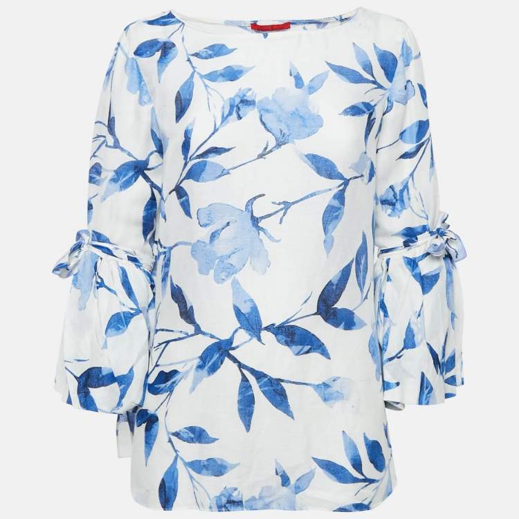 Pre Owned CH Carolina Herrera White Floral Print Flounce Sleeve Top M
