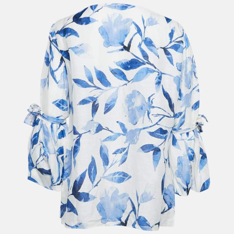 Pre Owned CH Carolina Herrera White Floral Print Flounce Sleeve Top M