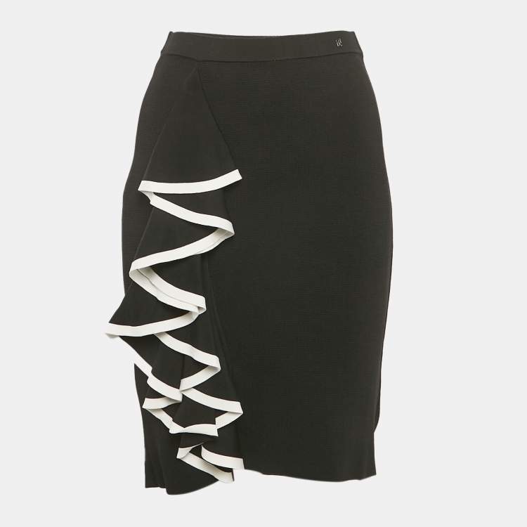 Pre Owned CH Carolina Herrera Black Stretch Knit Ruffled Pencil Skirt XS