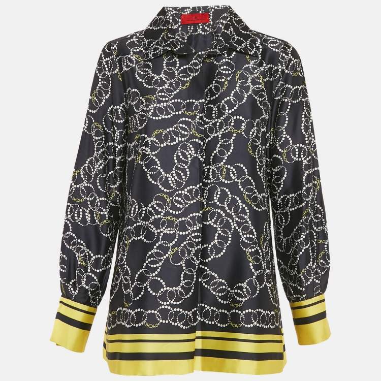 Pre Owned CH Carolina Herrera Navy Blue Printed Satin Blouse M
