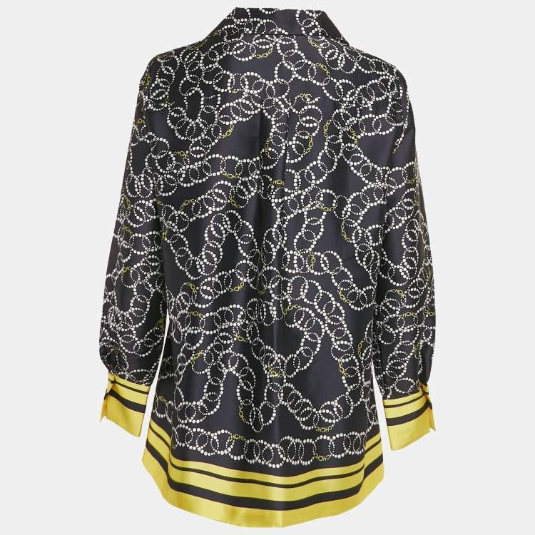 Pre Owned CH Carolina Herrera Navy Blue Printed Satin Blouse M