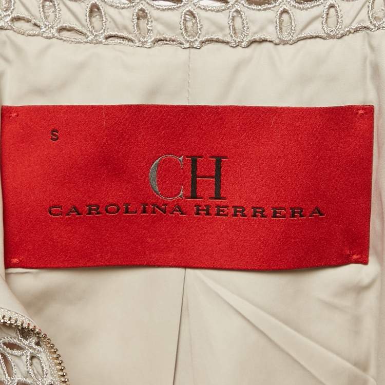 Pre Owned CH Carolina Herrera Beige Broderie Anglaise Eyelet Synthetic Zip-Up Jacket S