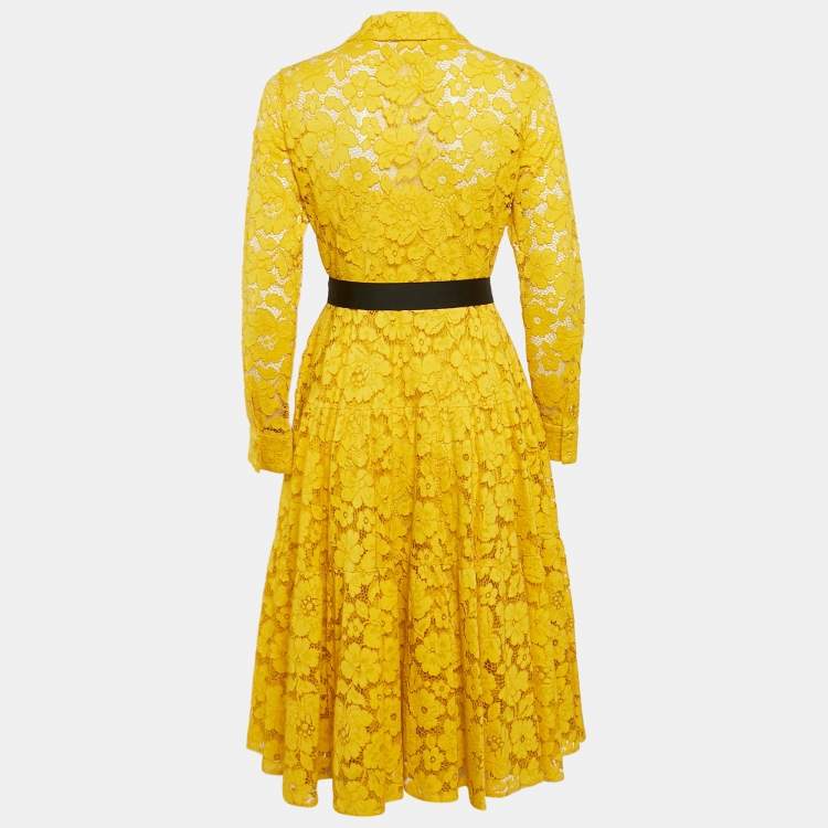 Pre Owned CH Carolina Herrera Yellow Lace Belted Midi Dress M